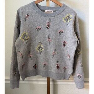 Nanette Lepore Floral Embellished Jeweled Sweater Women's Grey Size M Spring